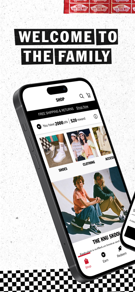 Vans Family - Vans Family app home screen featuring loyalty rewards and product categories