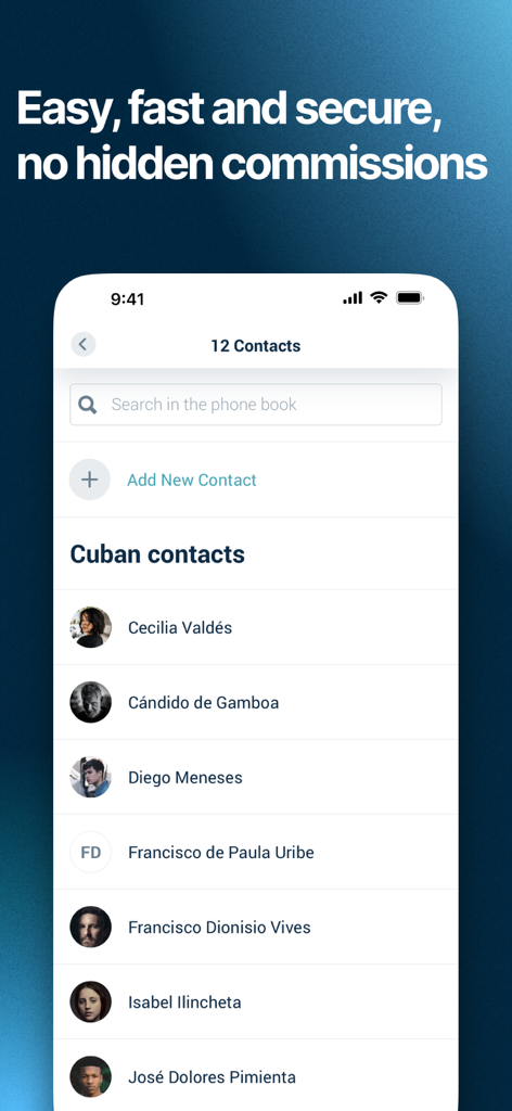 Captura de tela da interface do app Fonoma mostrando uma lista de contatos cubanos para recargas de celular