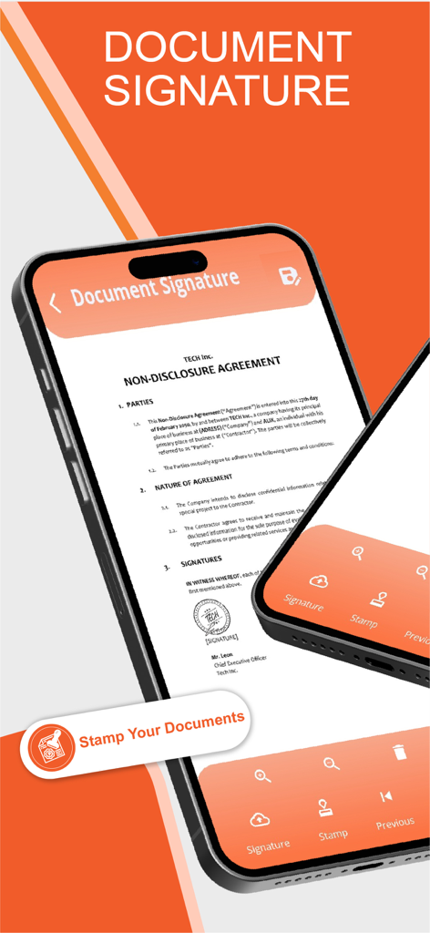 Digital Signature Stamp E Sign - Digital signature and stamp app interface showing an NDA on an iPhone