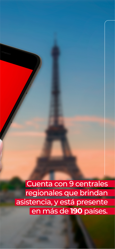 Assist Card app screen showing global coverage in over 190 countries with the Eiffel Tower in the background