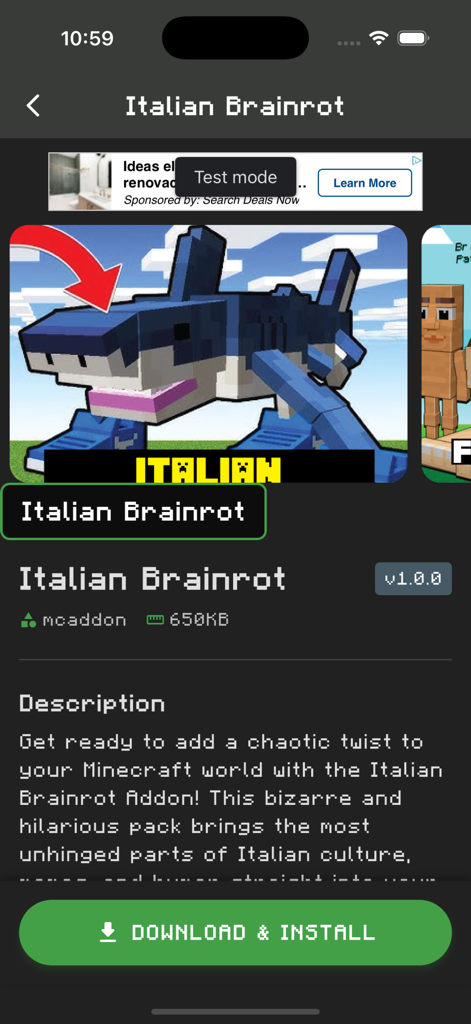 Captura de tela do mod Italian Brainrot para Minecraft mostrando um botão de download e um personagem tubarão engraçado