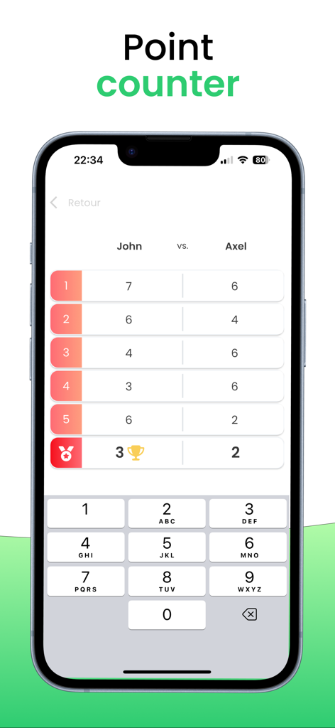 Tennis - Scorekeeper & Counter - Tennis scorekeeper app showing an interface for entering match points between two players with a numeric keypad.