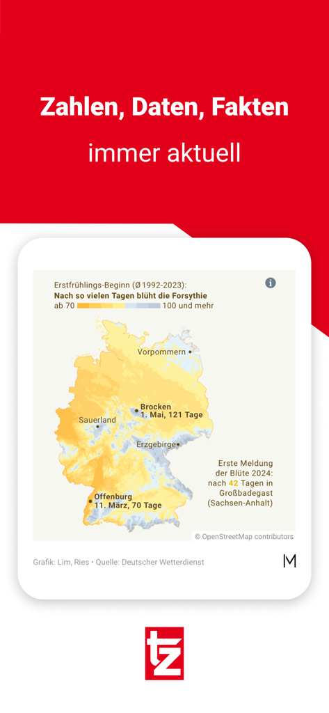 tz - Deine News aus München - Screenshot dell'app di notizie tz che mostra una mappa della Germania con dati stagionali e il testo Numeri Dati Fatti