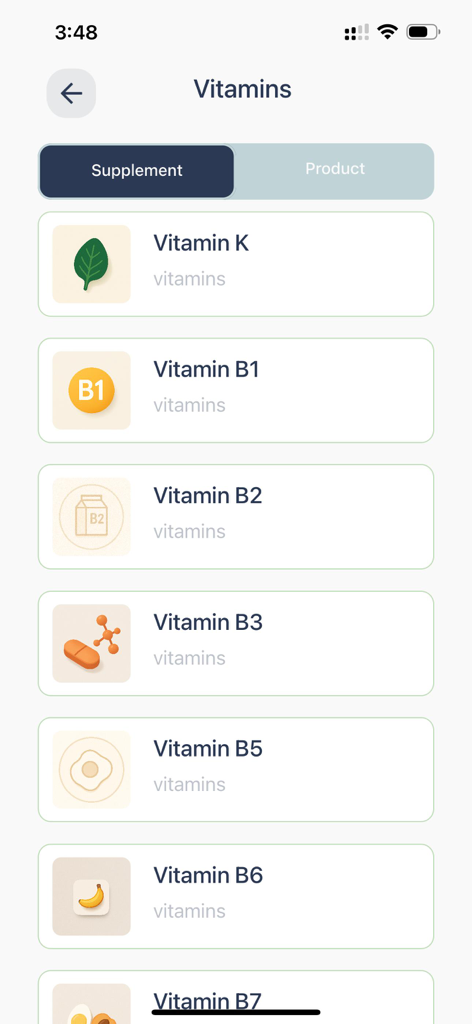 SupplementMD app interface showing a comprehensive list of vitamins including Vitamin K and B complex supplements