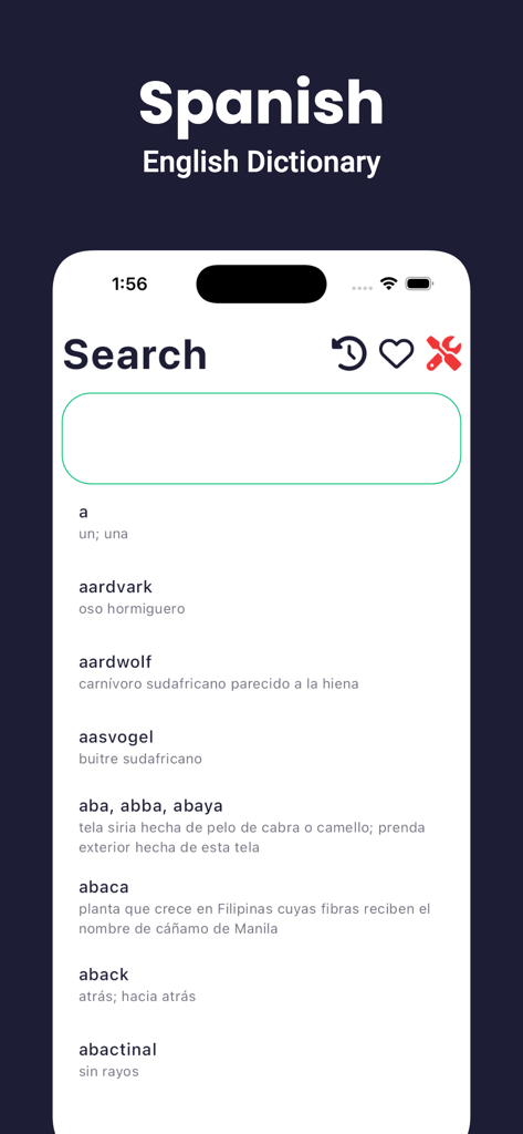 Search screen of the Spanish English Dictionary app showing word translations and search history icons