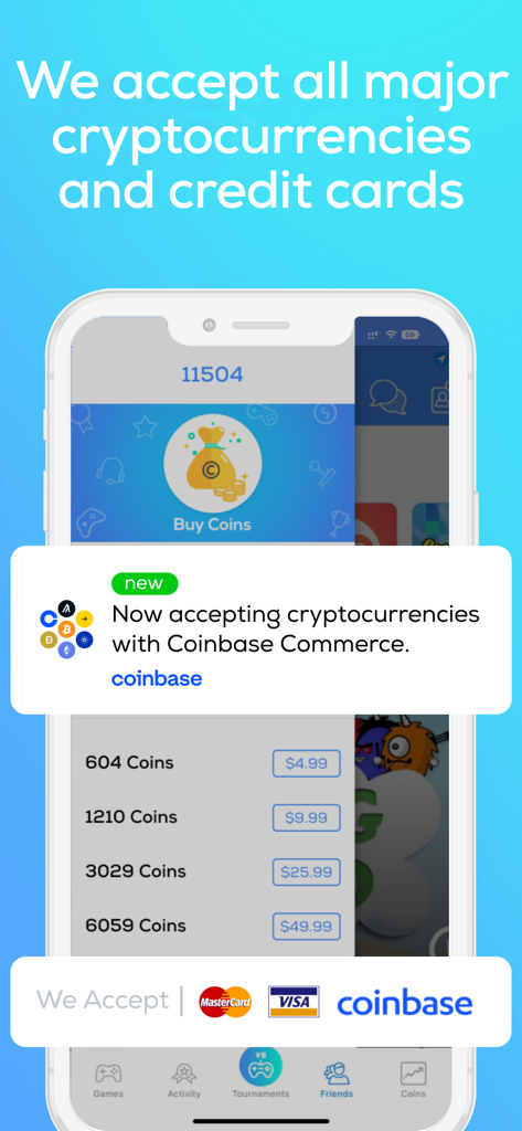 Duelit app interface showing coin purchase options with cryptocurrency and credit card payment support