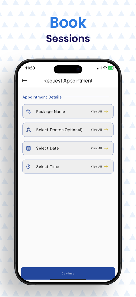 Physio Cure - Interfaz de la aplicación Physio Cure para solicitar una cita de fisioterapia con selección de sesión y médico