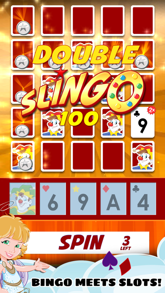 Slingo Showcase game screen showing a double slingo win on a grid of cards with a spin button at the bottom
