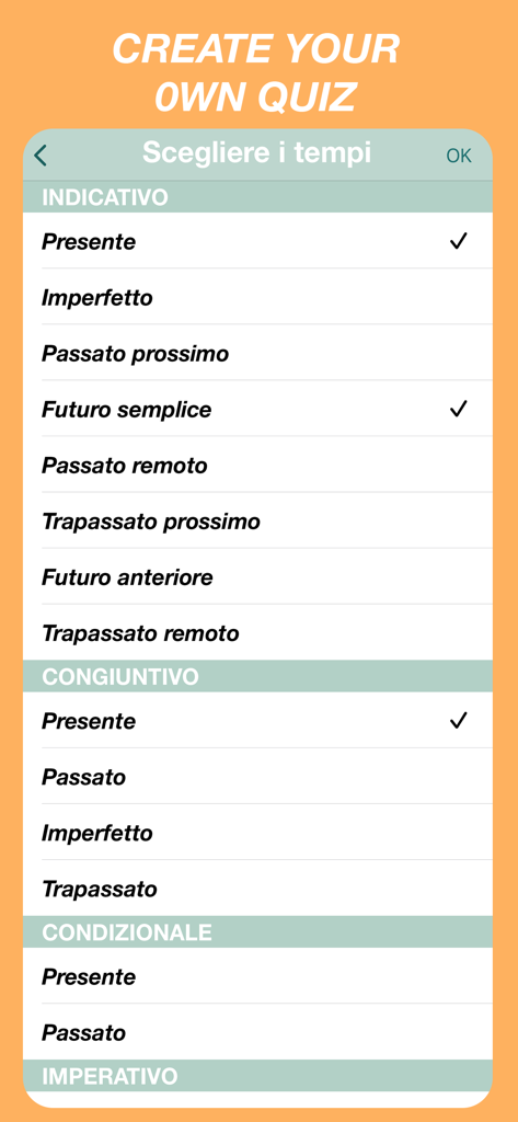 Menu for selecting specific Italian verb tenses to create a customized practice quiz.