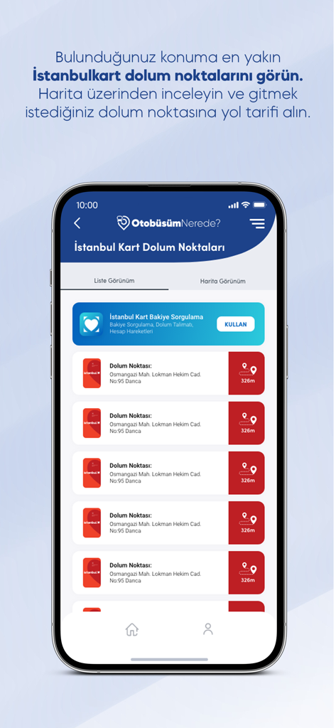 Otobüsüm Nerede - Schermata dello smartphone che mostra le località di ricarica Istanbulkart e le distanze nell'app Otobusum Nerede.