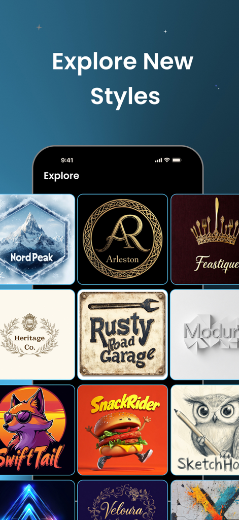 AI Logo Generator ⋅ Logo Maker - Una colección de diversos estilos y plantillas de logos en la aplicación AI Logo Generator