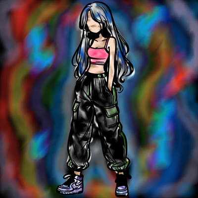 girl in baggy pants crop top and long hair