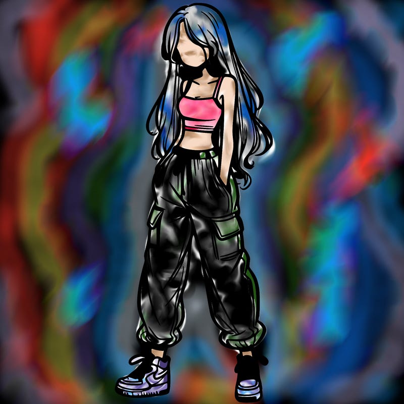 girl in baggy pants crop top and long hair