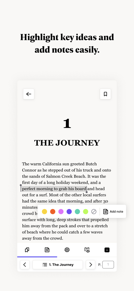 Perlego: Books & Textbooks - Interface of the Perlego app showing a highlighted sentence with options to choose highlight colors and add digital notes to a textbook page.