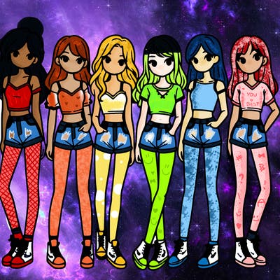 a group of girls wearing crop tops and shorts