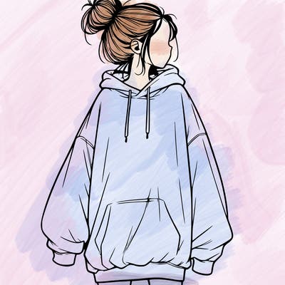 realistic girl with a oversized sweatshirt on and a bun
