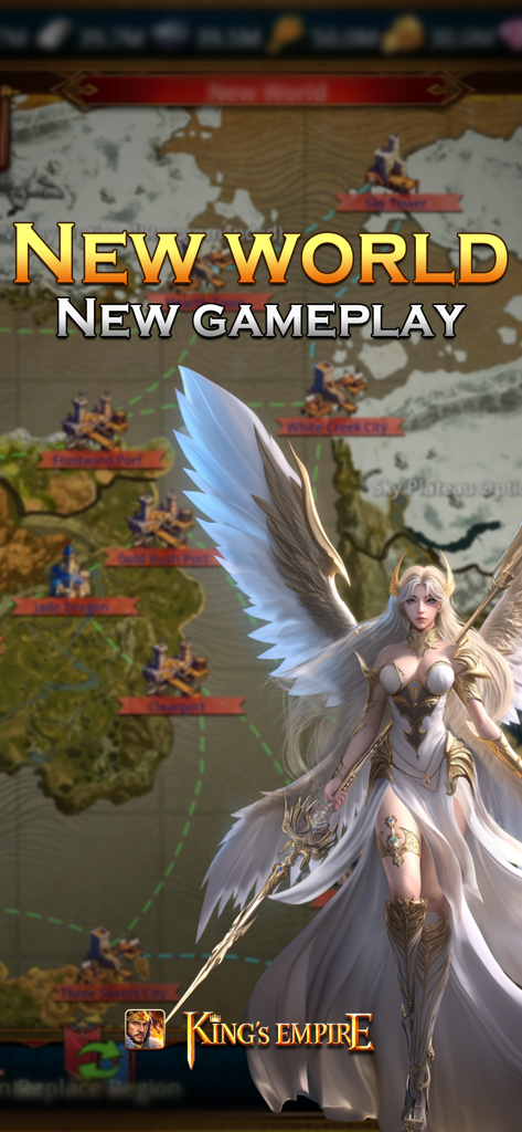 King's Empire - A winged fantasy hero standing in front of a strategic world map in Kings Empire