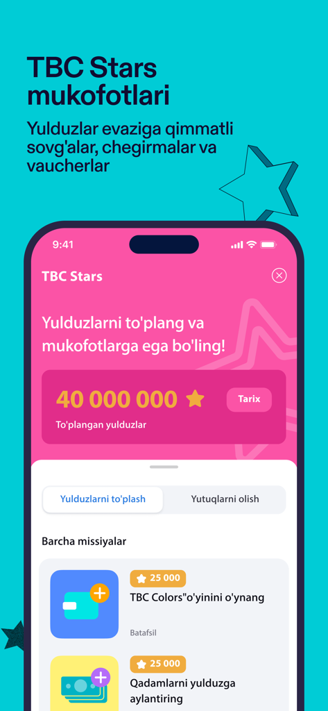 TBC UZ: Online Mobile Banking - Interfaz de la aplicación bancaria TBC UZ que muestra las recompensas y misiones del programa de fidelización TBC Stars