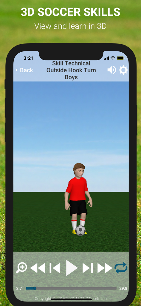 MOTI™ Soccer - MOTI Soccer app showing a 3D animation tutorial for the outside hook turn technical skill