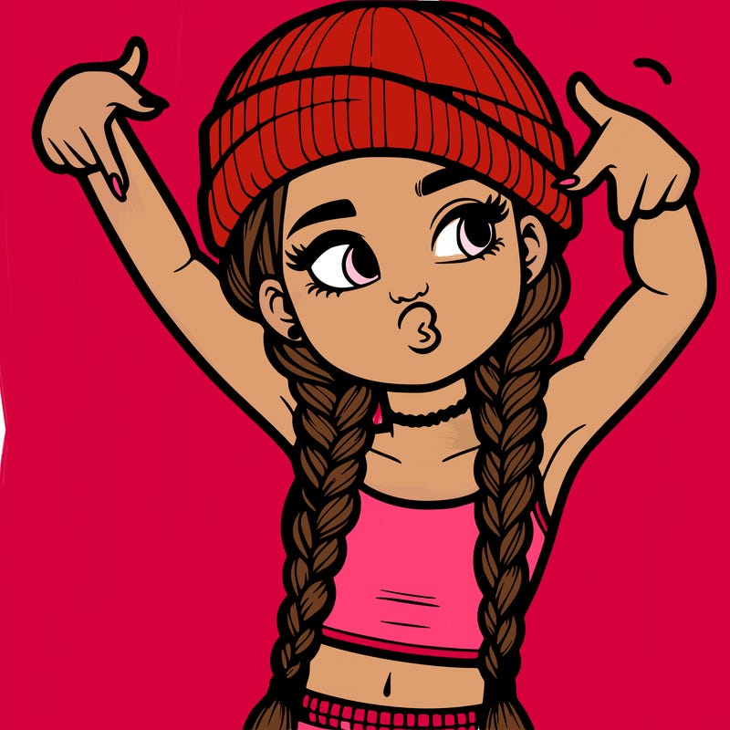 realistic teenage girl with braids and a beanie and crop top doing 🫶🏼