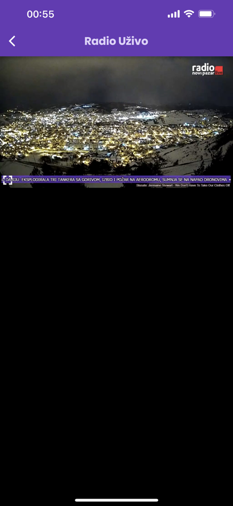 RTVNP app live radio stream interface with a night view of Novi Pazar city