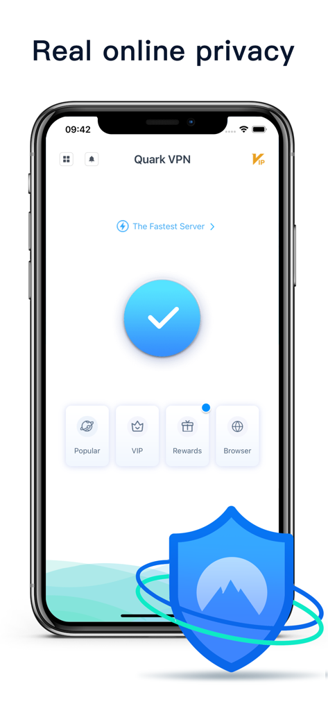 Speedy Quark VPN - VPN Proxy - Interfaccia dell'app Speedy Quark VPN su un iPhone che visualizza uno stato di connessione e un'icona di scudo di sicurezza