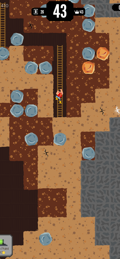 Gold Digger FRVR - Deep Mining - Un personaje subiendo una escalera en una mina subterránea con rocas azules y minerales naranjas en Gold Digger FRVR.