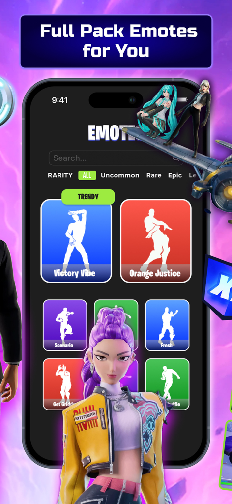 FTN Zone Fortnite Royale Stats - Écran d'organisation des emotes Fortnite dans l'application FTN Zone