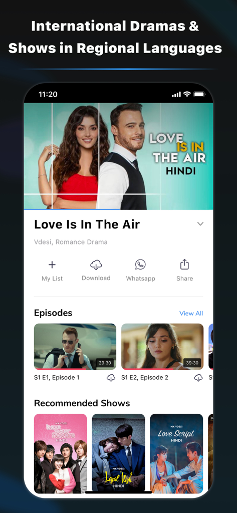 MX Player app interface showing international dramas dubbed in Hindi with options to download and share.