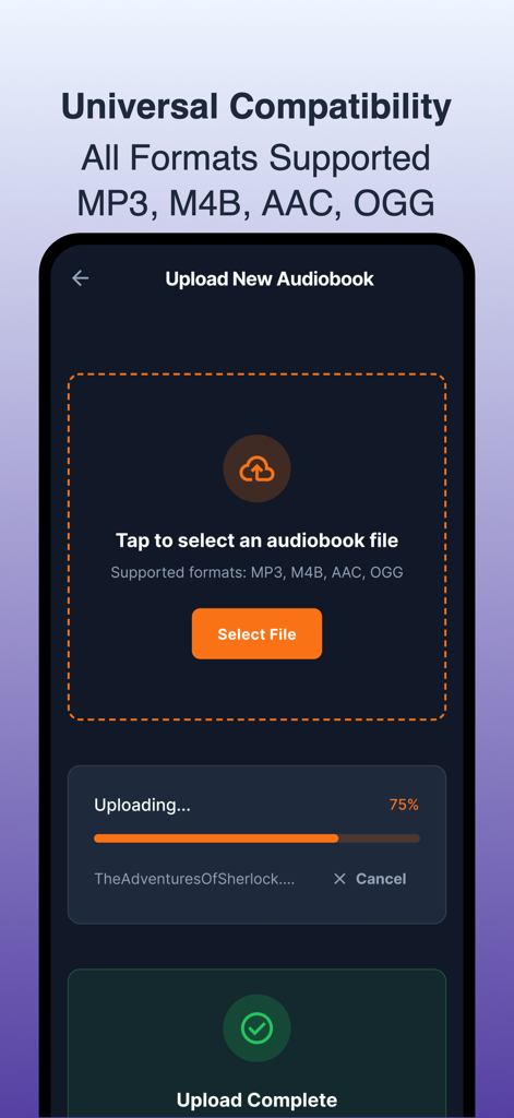 Captura de pantalla de la aplicación HearBook mostrando la interfaz de carga y la compatibilidad con formatos MP3 M4B AAC y OGG