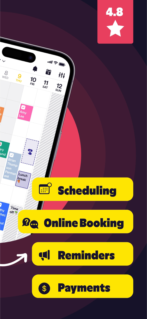 Goldie app interface highlighting scheduling online booking reminders and payments features