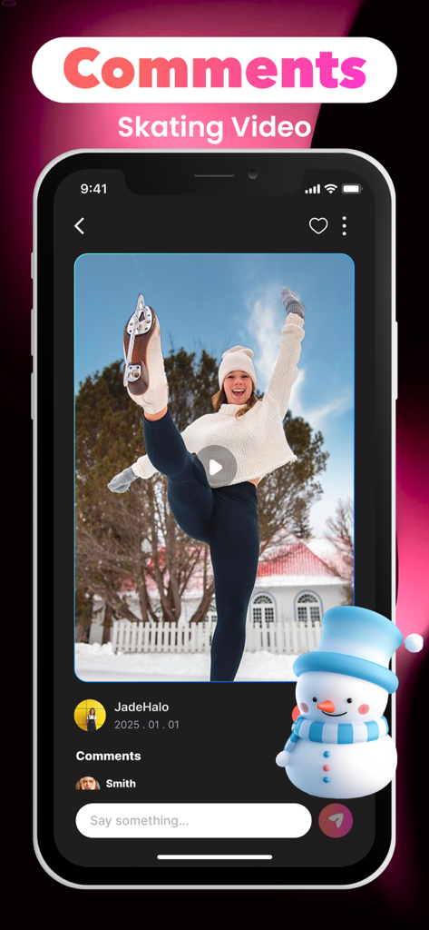 A mobile interface for Rosie app showing an ice skating video post with a comment section and a snowman graphic.