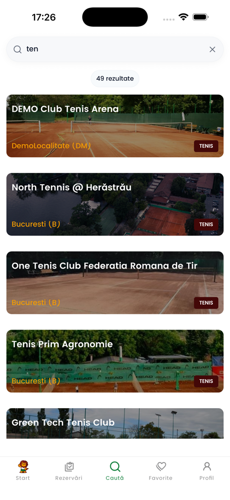 Booksport - Resultados da busca por clubes de tênis no aplicativo de reserva esportiva Booksport mostrando várias opções de instalações