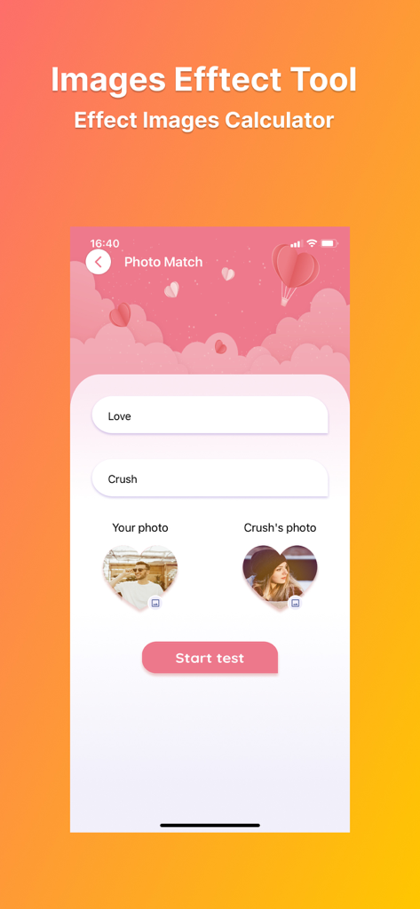 Crush Love Calculator Test - A photo match compatibility test screen with heart shaped frames and name input fields in a pink romantic theme