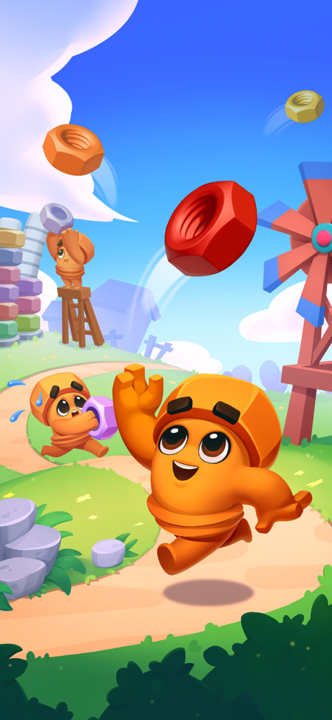 Cartoon bolt characters in a sunny landscape with colorful nuts