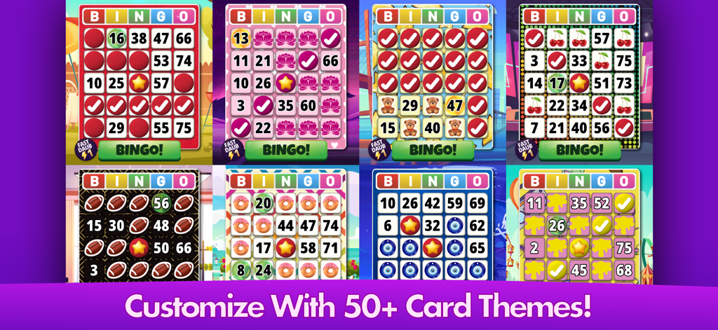 Una variedad de diseños y patrones de cartones de bingo coloridos que muestran opciones de personalización en Bingo Clásico