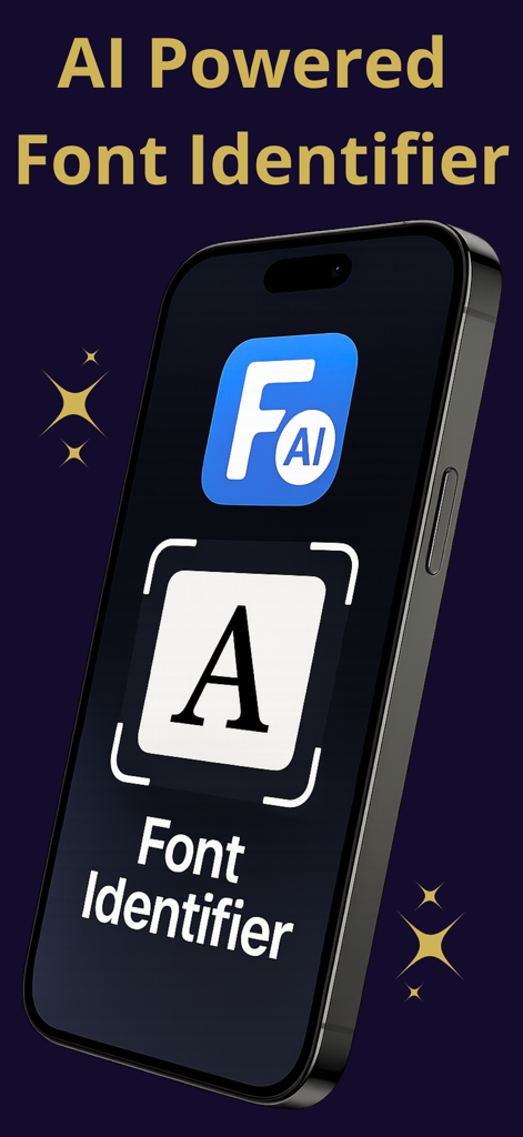 Font Identifier: AI Scan - Screenshot der Font Identifier AI Scan App auf einem Smartphone, der KI-gestützte Schriftarterkennungsfunktionen zeigt