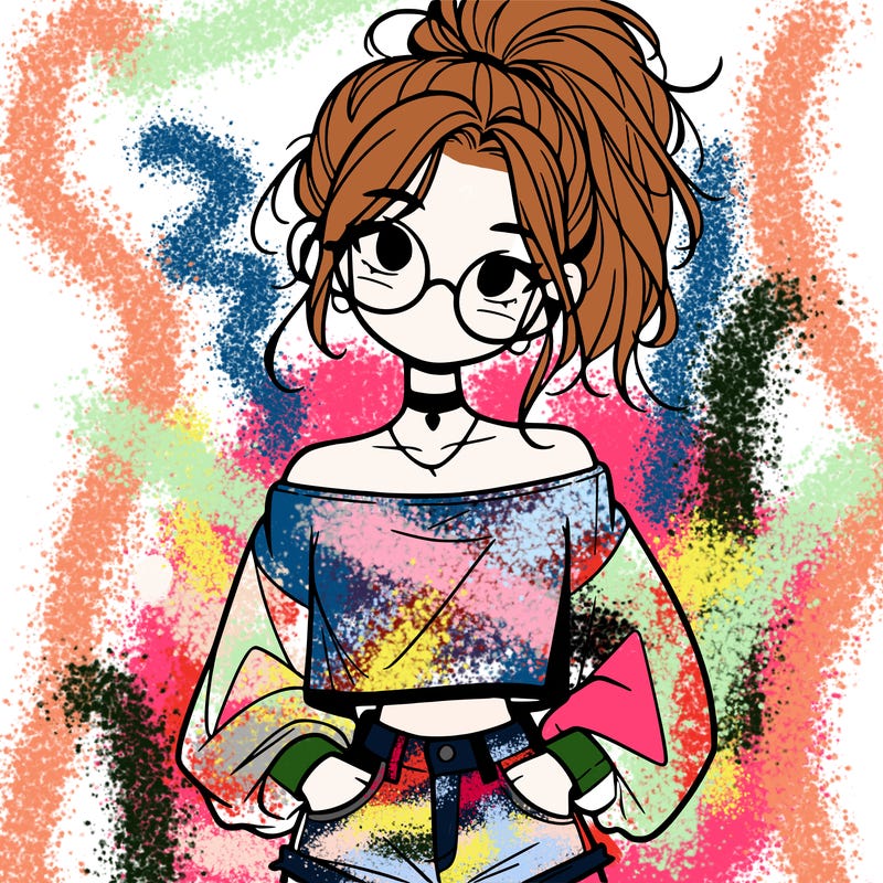 girl with a messy ponytail glasses a baggy crop top and jean shorts