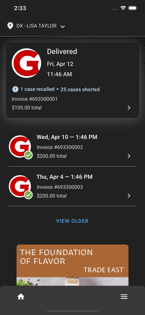 Gordon Now app interface showing delivery status and order history with stock alerts