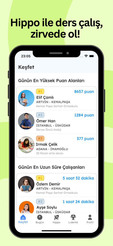 Leaderboard screen of the Hippocampus LGS exam preparation app showing top student rankings