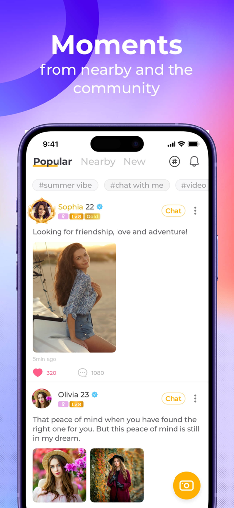 Interface of the Meete app showing a feed of user posts and profiles under the Popular tab
