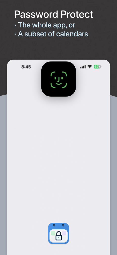 BusyCal app screen demonstrating password and FaceID protection for calendars.