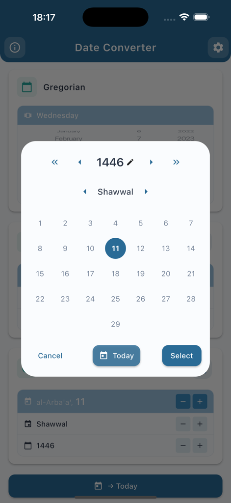 Un selector de fecha emergente en la aplicación Convertidor de Fechas que muestra el calendario islámico Hégira para Shawwal 1446.