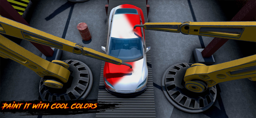 Car Maker Factory Mechanic - Two robotic arms painting a car red and white in a factory simulator