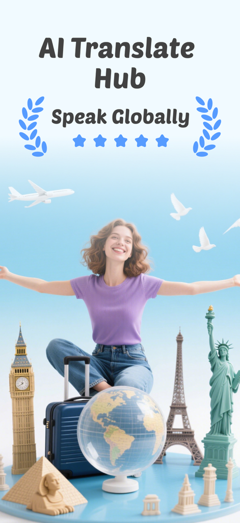 AI Translate Hubアプリのために、世界のランドマークと地球儀に囲まれた女性