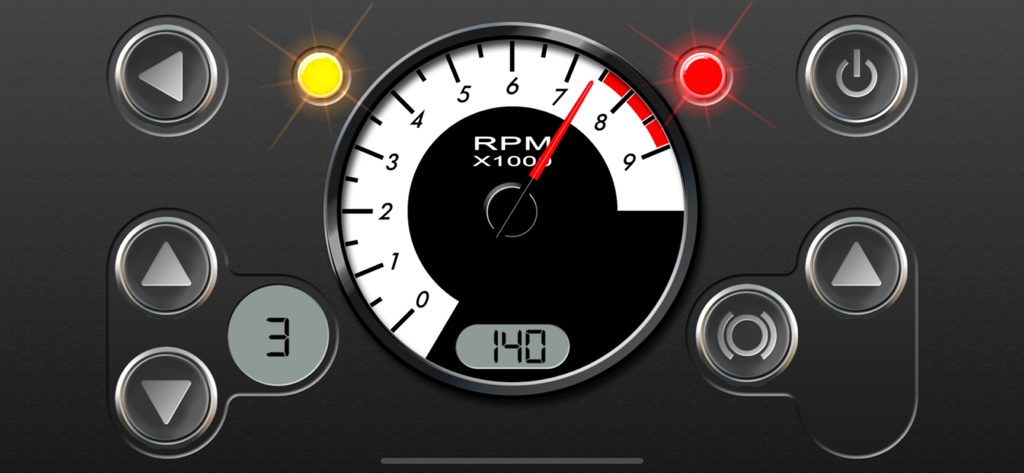 RevHeadz Engine Sounds - タコメーターとギアシフトコントロールを備えた高RPMのデジタルカーダッシュボードインターフェイス