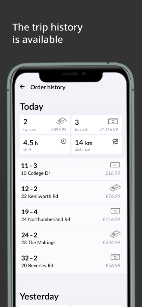 Додо Курьер - Screenshot of the Dodo Courier app showing order history, trip distance, and shift duration statistics.