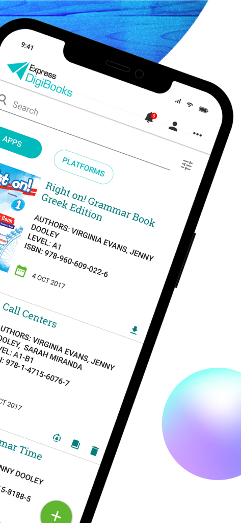 Express DigiBooks app interface showing a list of digital language learning books