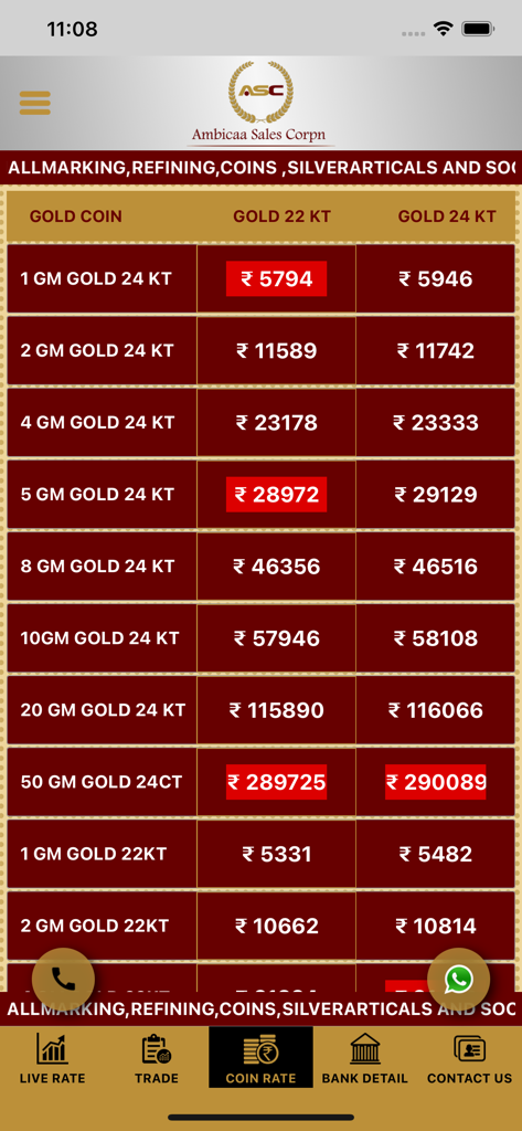 Ambicaa Spot - Ambicaa Spot app interface showing live gold coin rates for 22KT and 24KT gold