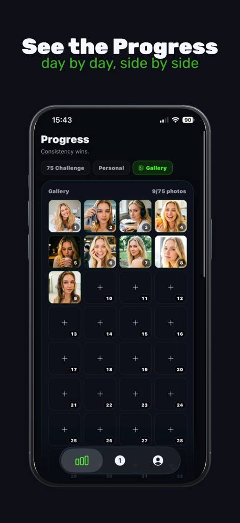 Interfaz de la aplicación Desafío de 75 Días que muestra una cuadrícula de fotos diarias de progreso en una vista de galería